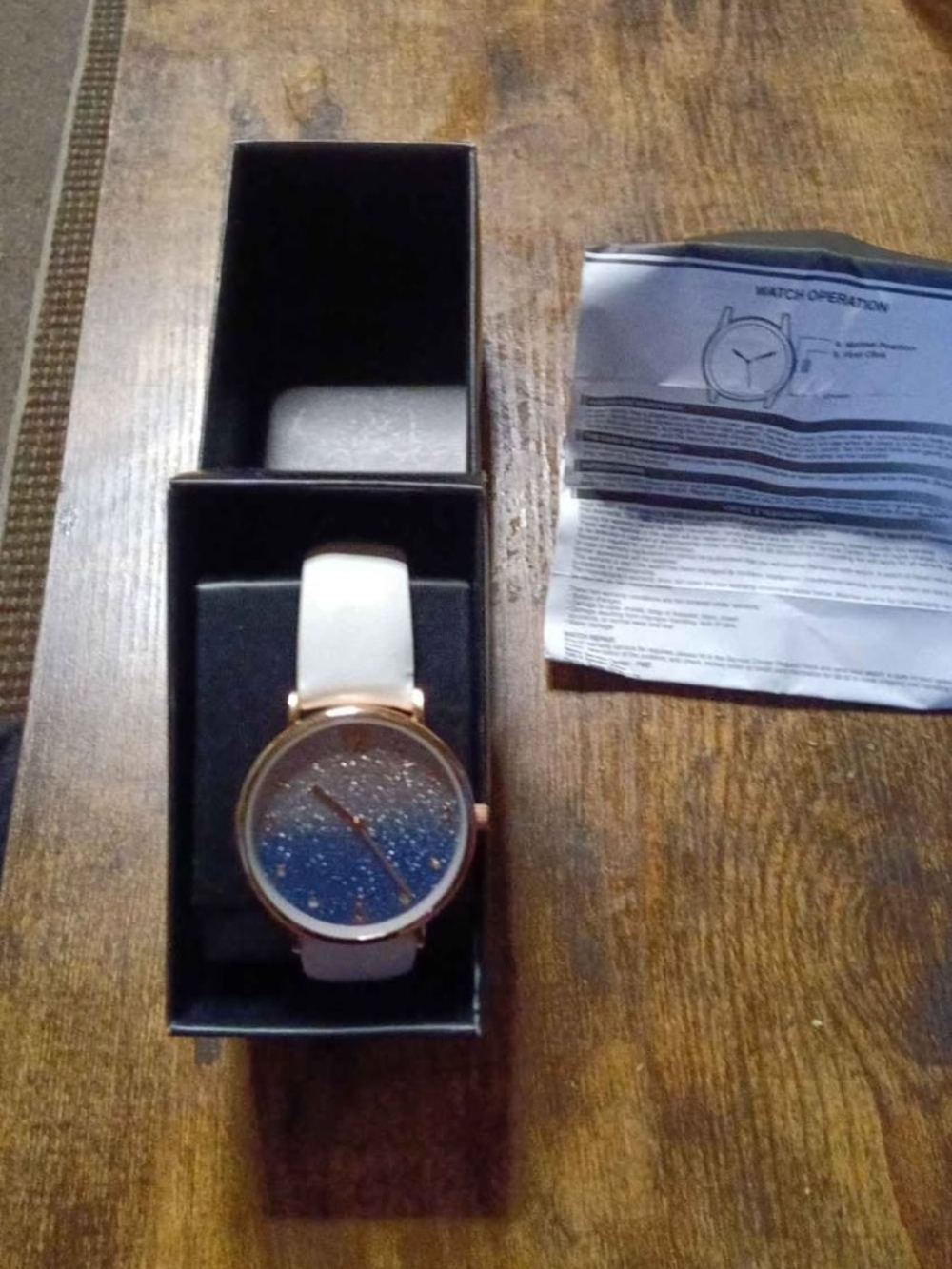 Timex Women's White Strap Rose Gold Case Blue Ombre Glitter Dial Watch